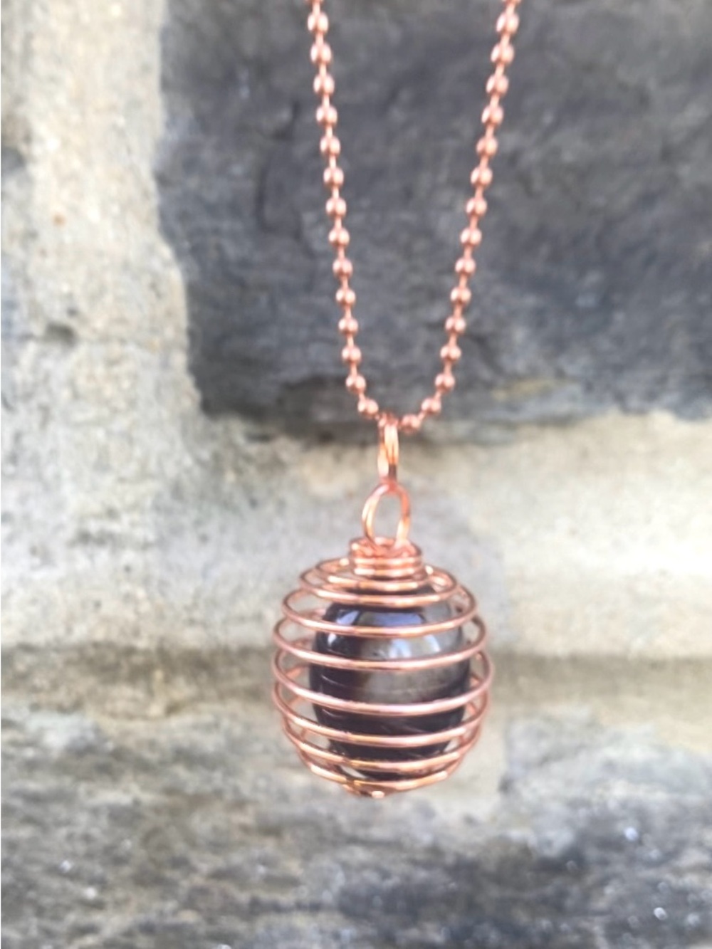 Black Onyx Copper Cage Pendant Necklace w/ 22in Copper chain